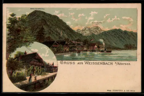 Lithographie Weissenbach am Attersee, Panorama mit Hotel Post mit Breitenberg, Wolterhaus