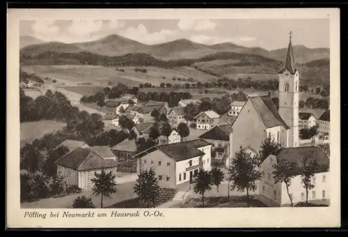 AK Pötting bei Neumarkt im Hausruckkreis, Ortsansicht mit Kirche und umliegenden Feldern