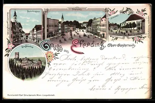 Lithographie Eferding, Starhemberggasse, Kirchenplatz, Hauptplatz