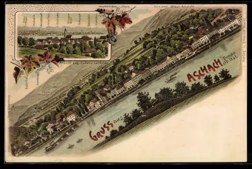 Lithographie Aschach a. Donau, Ansicht gegen Süden und Landshag, West-Ansicht