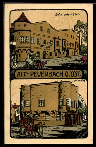 AK Peuerbach /O.Öst., Gasthaus Land`lwirt, Partie am unteren Tor