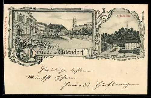 Lithographie Uttendorf, Schlossberg und Stadtplatz