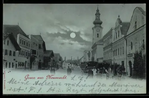 Mondschein-AK Neumarkt im Hausruckkreis, Stadtplatz mit Kirche