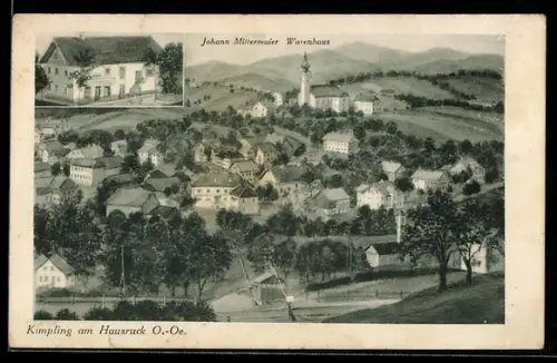 AK Kallham, Kimpling am Hausruck, Warenhaus Johann Mittermaier, Ortsansicht aus der Vogelschau