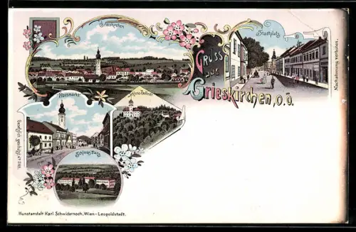 AK Grieskirchen /O.-Ö., Rossmarkt, Schloss Tollstedt, Stadtplatz und Schloss Parz, Gesamtansicht