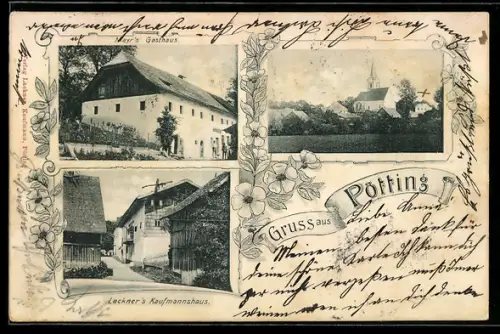 AK Pötting /O.-Ö., Mayr`s Gasthaus, Leckner`s Kaufmannshaus, Blick zur Kirche