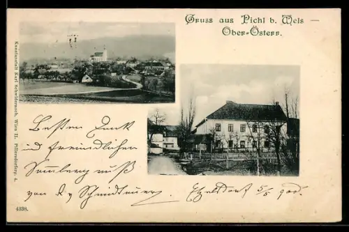 AK Pichl b. Wels, Ortspartie und Panorama mit Kirche