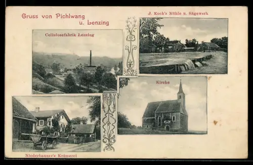 AK Lenzing an der Ager, Pichlwang, Mühle J. Koch und Sägewerk, Kirche, Niederbauner`s Krämerei, Cellulosefabrik Lenzing