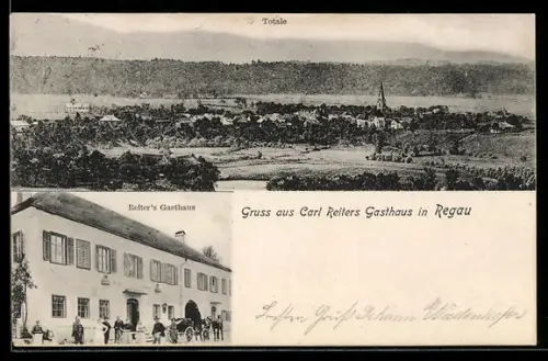 AK Regau, Carl Reiters Gasthaus, Ortsansicht mit Kirche