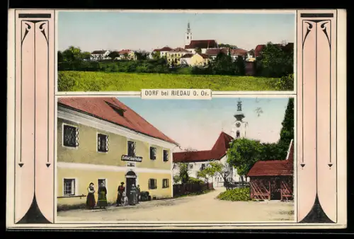 AK Riedau /O.-Oe., Gasthaus v. Gottfried S., Blick zur Kirche