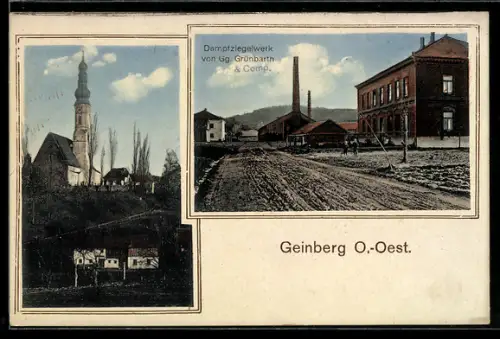 AK Geinberg /O.-Oest., Dampfziegelwerk v. Gg. Grünbarth, Blick zur Kirche