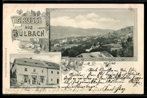 AK Julbach, Gasthaus B. Schönbrod, Ortsansicht mit Berge