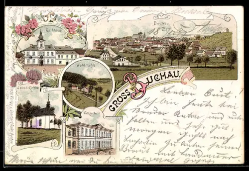 Lithographie Buchau, Waldmühle, Rathaus, Volksschule, Jakobi-Kirche