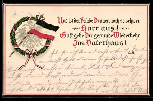 AK Und ist der Feinde Dräuen..., Deutsche Fahne u. schwarzweissroter Rahmen, Eichenkranz, Wappen