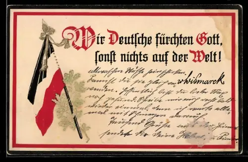 Präge-AK Wir Deutsche fürchten Gott..., Deutsche Fahne, Eichenlaub, Banderole in Nationalfarben