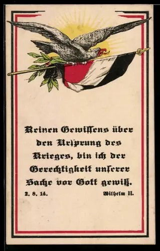 AK Reinen Gewissens über den Ursprung des Krieges..., Adler mit deutscher Fahne, Lorbeer