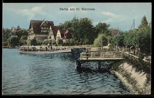 AK Berlin-Wannsee, Partie am Kleinen Wannsee mit Anlegebrücke und Passagierdampfer