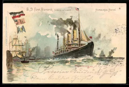 Lithographie Passagierschiff Fürst Bismarck verlässt den Hamburger Hafen