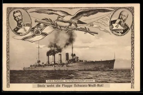AK Kleiner Kreuzer S.M.S. Karlsruhe auf hoher See, Kriegsschiff, Portrait Grossadmiral Alfred vor Tirpitz