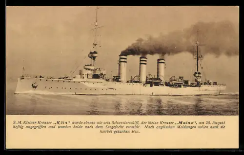 AK Kleiner Kreuzer S.M.S. Köln hohe Fahrt laufend, Kriegsschiff