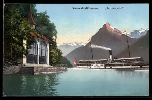 AK Raddampfer Stadt Luzern in Fahrt vor der Tellskapelle auf dem Vierwaldstättersee