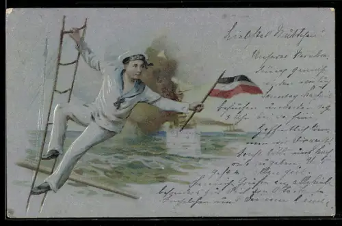 Lithographie Matrose in den Wanten mit Reichsfahne in der Hand, Kriegsschiff