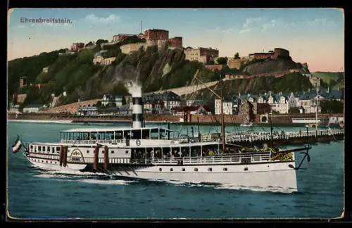 AK Koblenz, Festung Ehrenbreitstein, Rheindampfer Undine passiert die Schiffsbrücke