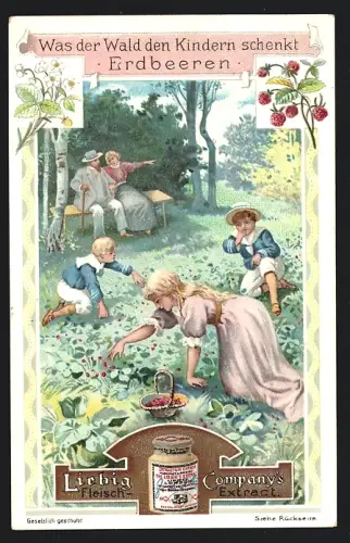 Sammelbild Liebig, Was der Wald den Kindern schenkt, Kinder beim Erdbeerpflücken