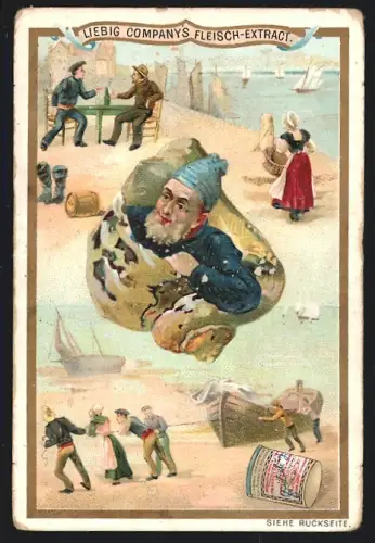 Sammelbild Liebig, Boote am Strand, Fischer in einer Muschel