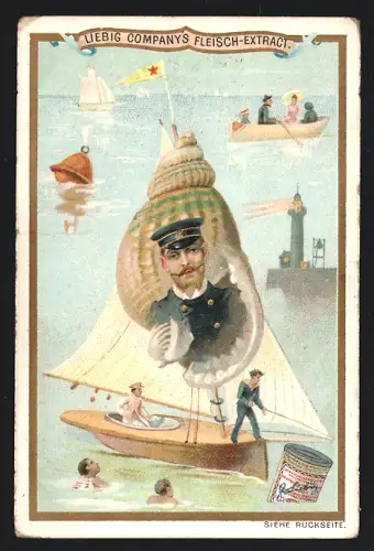 Sammelbild Liebig, Urlauber mit einem Segelboot, Matrose auf einer Muschel