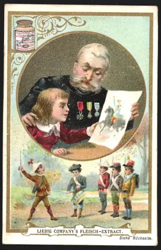 Sammelbild Liebig, Kinder spielen Soldaten, Soldat mit seinem Sohn