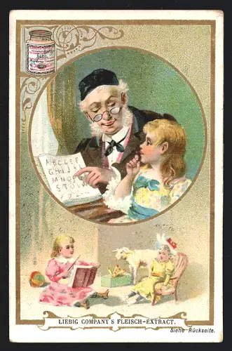 Sammelbild Liebig, Mädchen lernt lesen, Kinder mit einem Buch