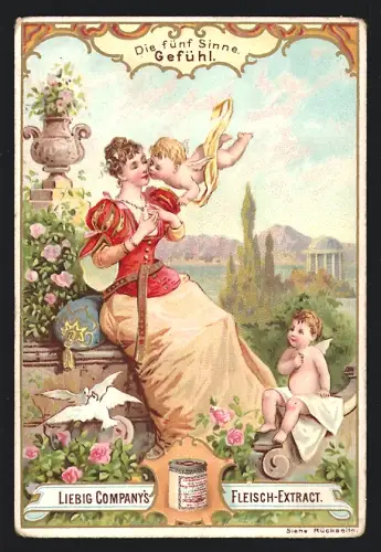 Sammelbild Liebig, Die fünf Sinne, Gefühl, Dame und Putten im Garten