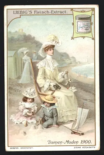 Sammelbild Liebig, Damen-Moden 1900, Mutter und Kinder am Strand