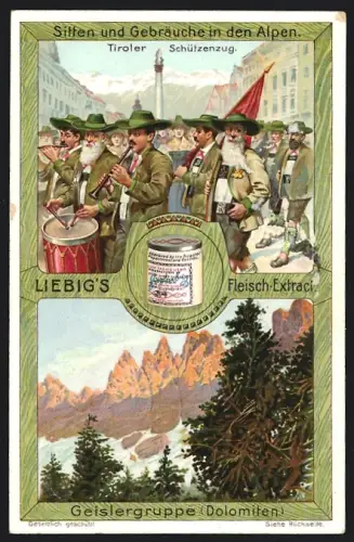 Sammelbild Liebig, Sitten und Gebräuche in den Alpen, Tiroler Schützenzug, Geislergruppe
