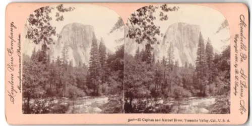 Stereo-Fotografie Keystone View Company, St. Louis, Ansicht Yosemite Valley, CA, El Capitan and Merced River