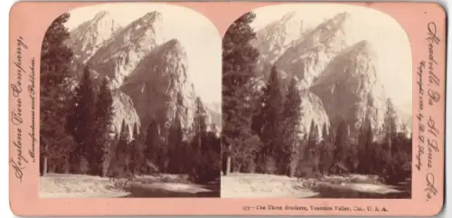 Stereo-Fotografie Keystone View Company, St. Louis, Ansicht Yosemite Valley, CA, The Three Brothers