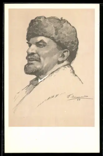 Künstler-AK Portrait Wladimir Iljitsch Lenin mit Pelzmütze