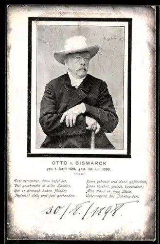 AK Bildnis Otto von Bismarck mit Hut und Stock