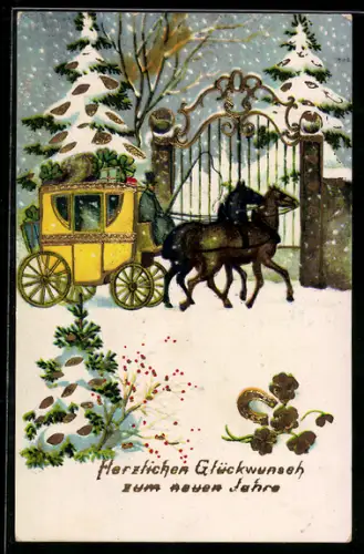 Künstler-AK Postkutsche fährt mit Kleeblättern durch den Schnee, Neujahrsgruss