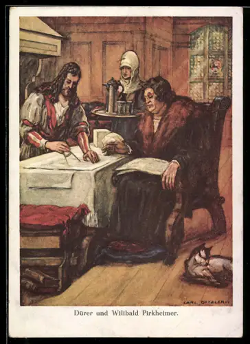 AK Dürer und Wilibald Pirkheimer am Tisch