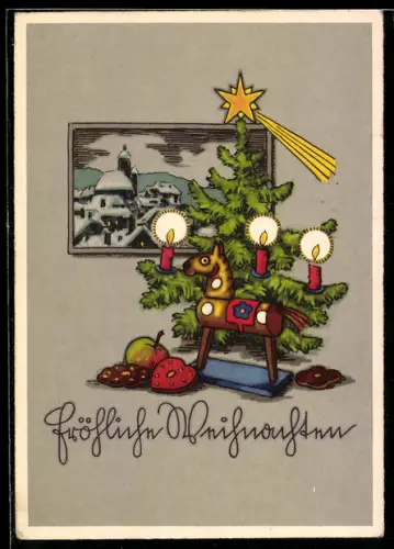 AK Spielzeugpferd vor Weihnachtsbaum und Ausblick auf Kleinstadt
