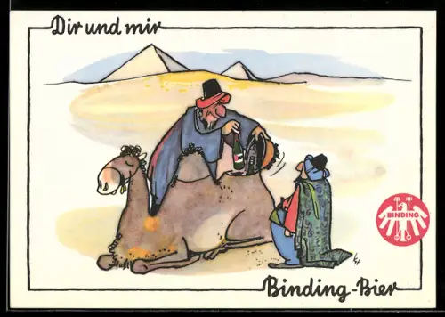 AK Händler in der Wüste mit Bierdepot im Höcker von Kamel, Brauerei-Werbung Binding-Bier