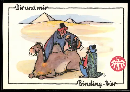 AK Händler mit Bierdepot im Höcker von Kamel, Brauerei-Werbung Binding-Bier, im Hintergrund Pyramiden