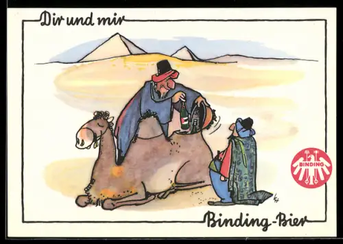 AK Händler mit Bierdepot im Höcker von Kamel, Brauerei-Werbung Binding-Bier, im Hintergrund Pyramiden