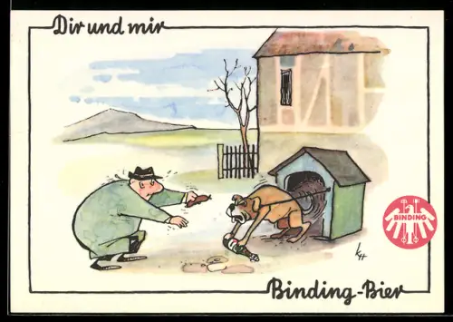 AK Hund verteidigt Bierflasche, Mann versucht Hund mit Wurst zu bestechen, Brauerei-Werbung Binding-Bier