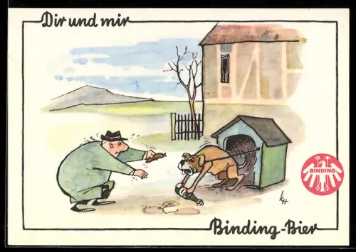 AK Hund verteidigt Bierflasche, Mann versucht Hund mit Wurst zu bestechen, Brauerei-Werbung Binding-Bier