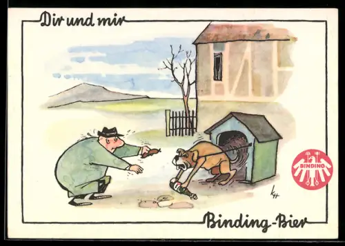 AK Hund verteidigt Bierflasche, Mann versucht Hund mit Wurst zu bestechen, Brauerei-Werbung Binding-Bier