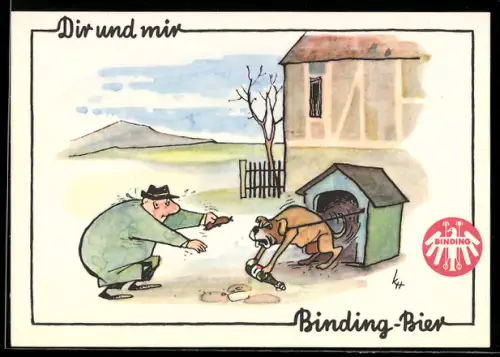 AK Hund verteidigt Bierflasche, Mann versucht Hund mit Wurst zu bestechen, Brauerei-Werbung Binding-Bier