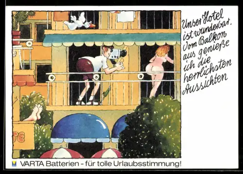 AK Urlauber filmt nacktes Hinterteil von junger Frau, Reklame Varta-Batterien